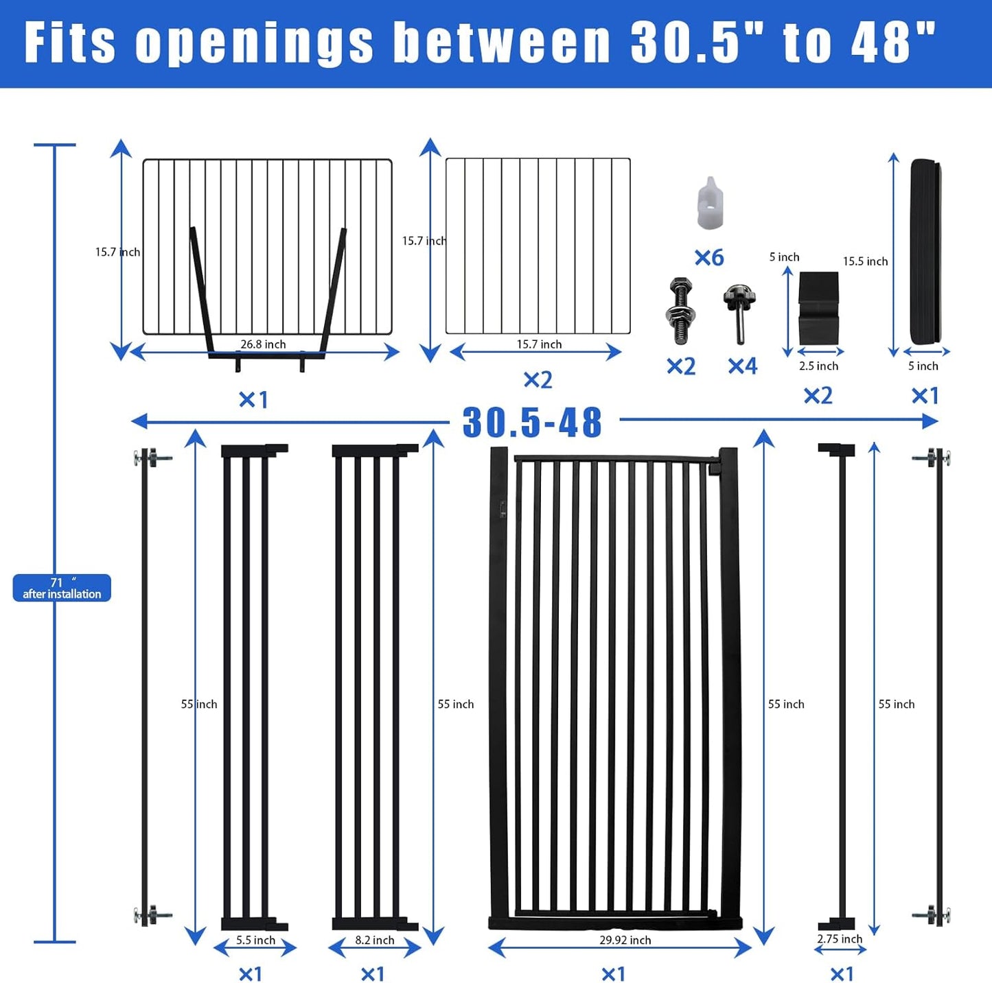 Rgqphantom 71 inch Extra Tall Gate Pet Gate,30.5"-48" Extra Wide Pressure Mounted,Cat Gates for Stairs, Kitchen,Doorways (Black)