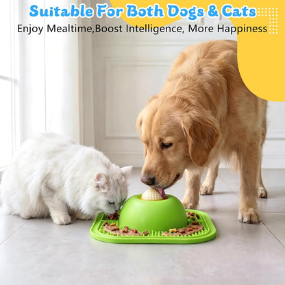 Slow Feeder Dog Bowls & Lick Mat for Liquid and Thick Treat, Anti-Slip Dog Lick Bowl with Interactive Rolling Ball, 5/6 Cup Pup Licking Toy for Large Medium Small Dogs and Cats Blue