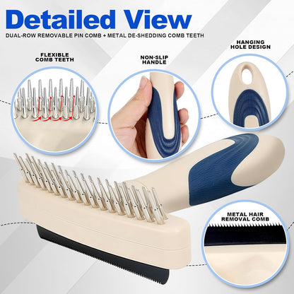2-in-1 Dog Grooming&Undercoat Rake Comb Double-Row Flexible Dog Dematting Rake with Stainless Steel Deshedding Comb Pet Grooming Tool for Dogs and Cats Gentle Remove Loose Hair Knots Tangles