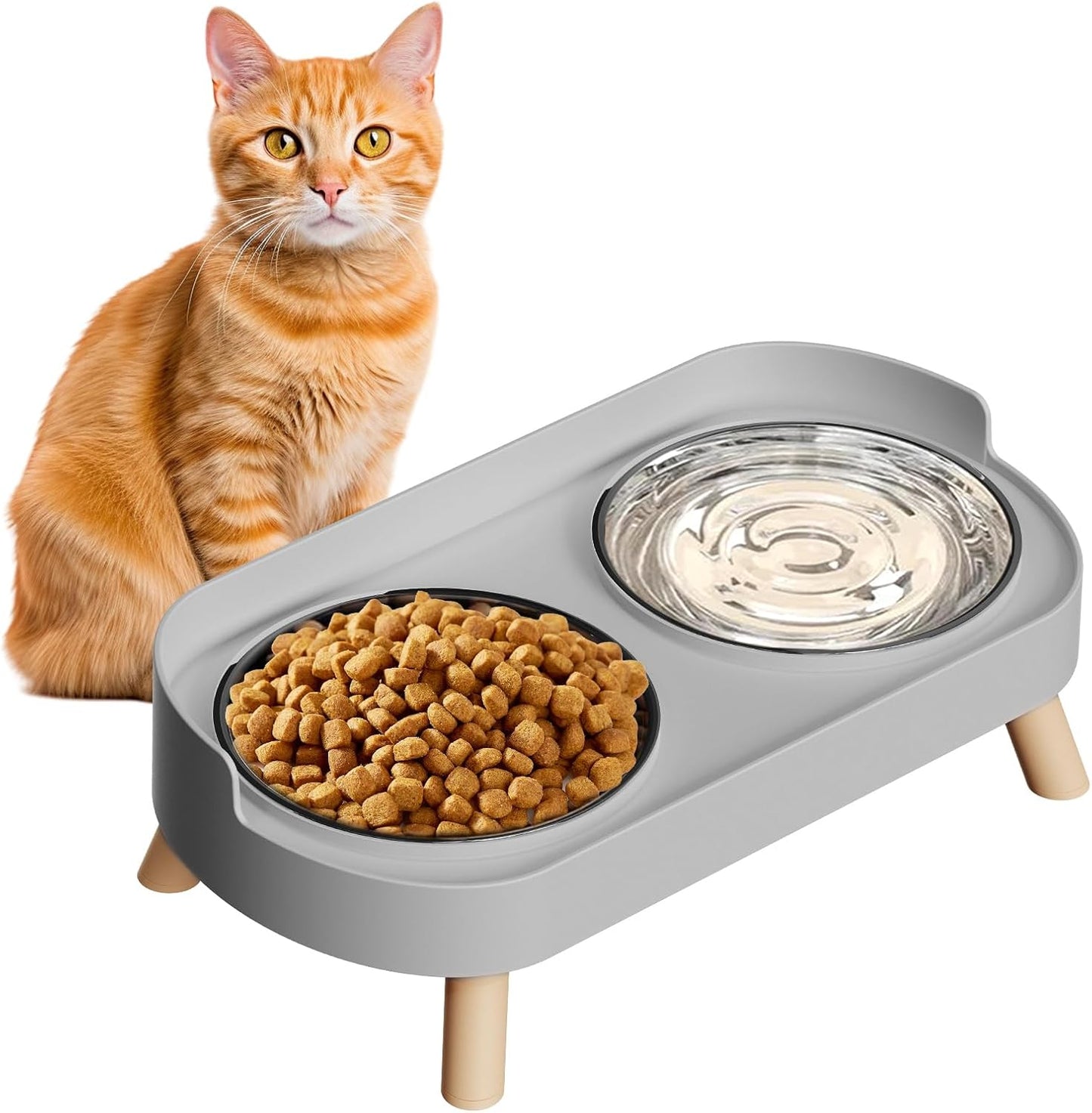 Elevated Cat Bowl, Raised Cat Food and Water Bowl Set for Indoor Cats, Splash Proof with 2 Stainless Steel Pet Food Bowls for Cats and Puppies, Whisker Fatigue and Dishwasher Safe - White