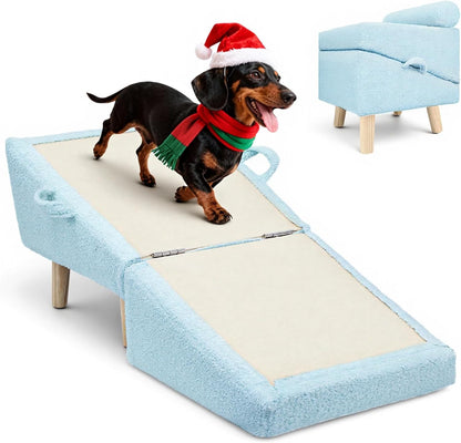 Dog Stairs for Small Dogs and Cats – 2-in-1 Dog Ramp for Couch and Low Bed, 16.5'' Foldable Wooden Pet Ramp, Sturdy Multi-Use Split Ottoman Design, Beige