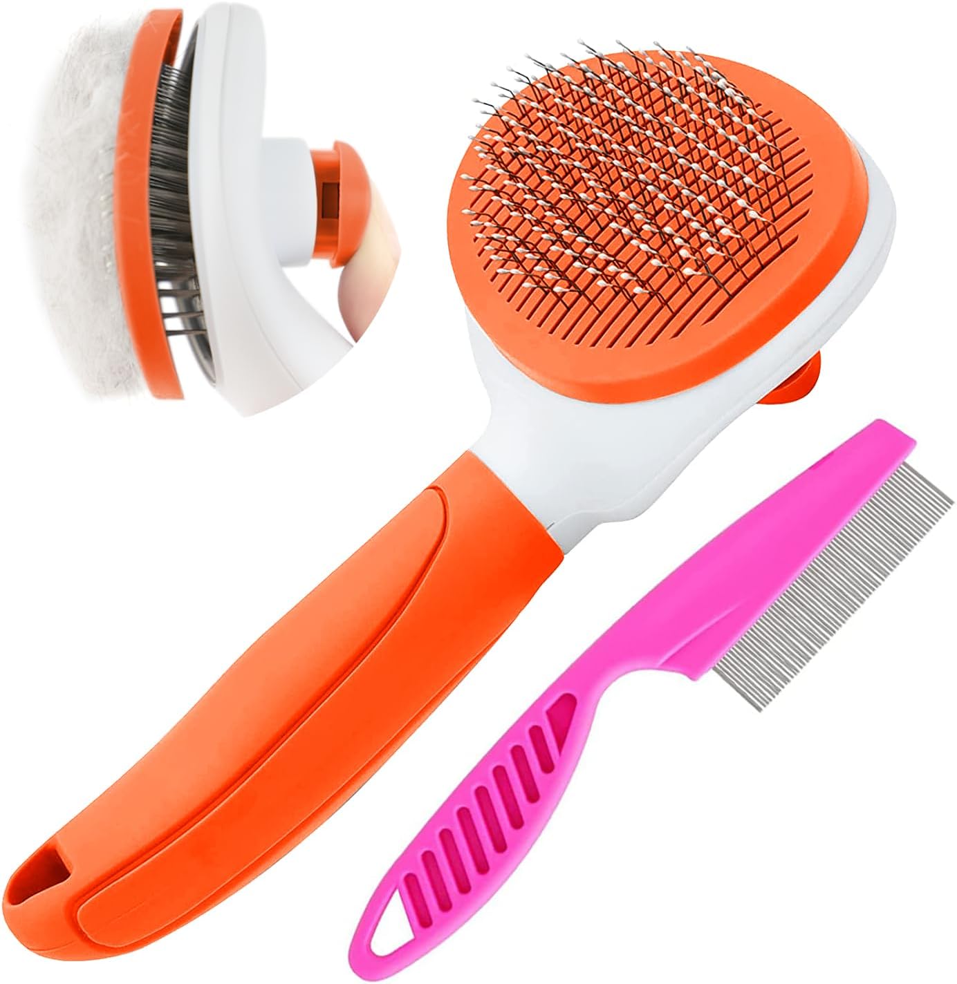 Cat Brushes for Indoor Cats, Dog Brush for Shedding with Metal Cat Comb, Self Cleaning Pet Hair Brush with Release Button for Grooming Kitten(Pink)