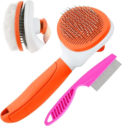 Cat Brushes for Indoor Cats, Dog Brush for Shedding with Metal Cat Comb, Self Cleaning Pet Hair Brush with Release Button for Grooming Kitten(Pink)