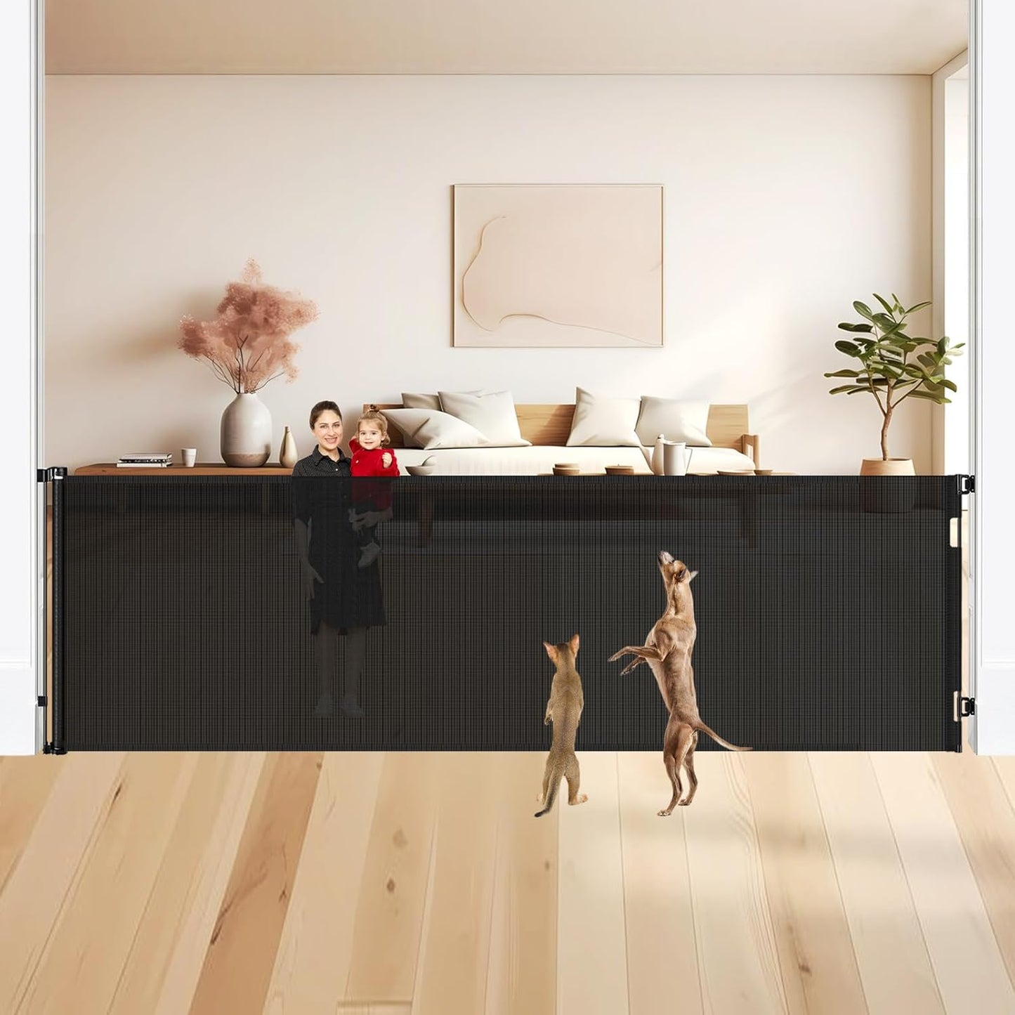 48" Tall X 135" Extra Wide Retractable Baby Gates for Large Openings, Extra Tall Dog Gates for Doorways Large Baby Gate Mesh Gate Cat Gate - Upgraded Height to Prevent Jumping Over, Black