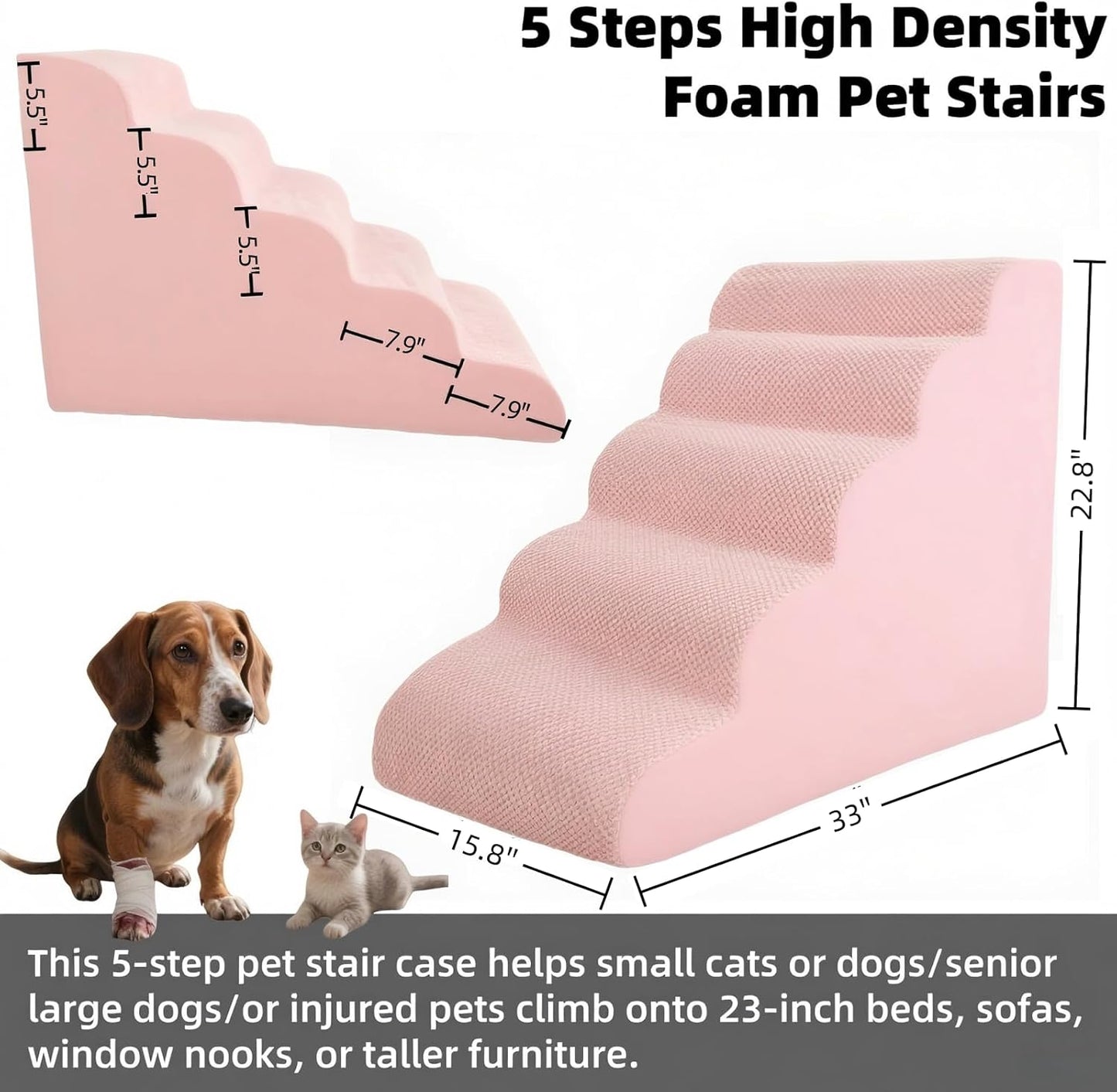 4 Step Pet Stairs Ramp for High Beds Sofas 18-24 Inch with Sturdy Non Slip Waterproof Pads, Machine Washable Cover Indoor Balanced Design for Cats Dogs Small Medium Large XL Pets Grey