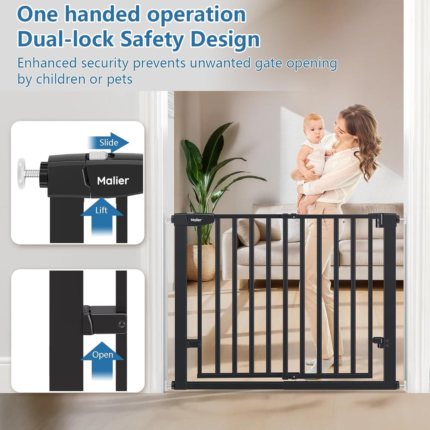 Malier Newest Baby Gate for Stairs with Large Walk Thru Door, 29-38" No Drill Pressure Mounted Dog Gate for Doorway, Auto Close Baby Gate, Easy Walk Through Gate Pet Gate for Child and Pets