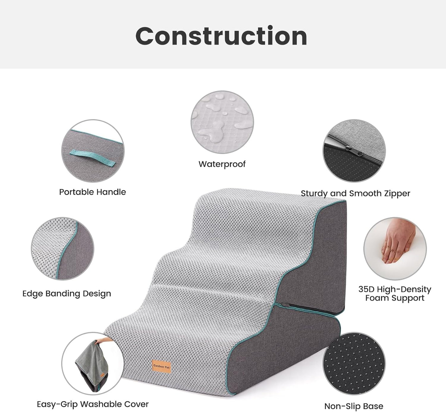 Gardner Pet 4-Step Dog Stairs for Small Dogs 18.5" H, Curved 4-Step Pet Stairs, Dog Steps for High Bed (18-20 in), Couch with Durable Non-Slip Waterproof Fabric Cover and CertiPUR-US Certified Foam