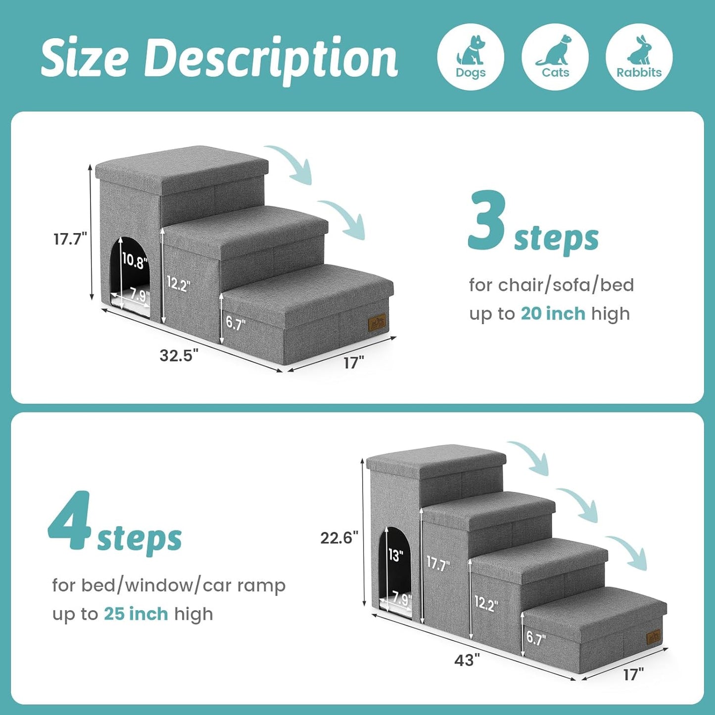 Dog Stairs with Storage, 4-Step Wider Sturdy Dog Steps for Small/Medium/Large Dogs and Older Cats, Folding Doggie Ramp for Bed/Couch/Car Hold Up to 180 lbs (22" H, Brown)