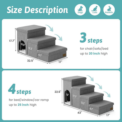 Dog Stairs with Storage, 4-Step Wider Sturdy Dog Steps for Small/Medium/Large Dogs and Older Cats, Folding Doggie Ramp for Bed/Couch/Car Hold Up to 180 lbs (22" H, Brown)