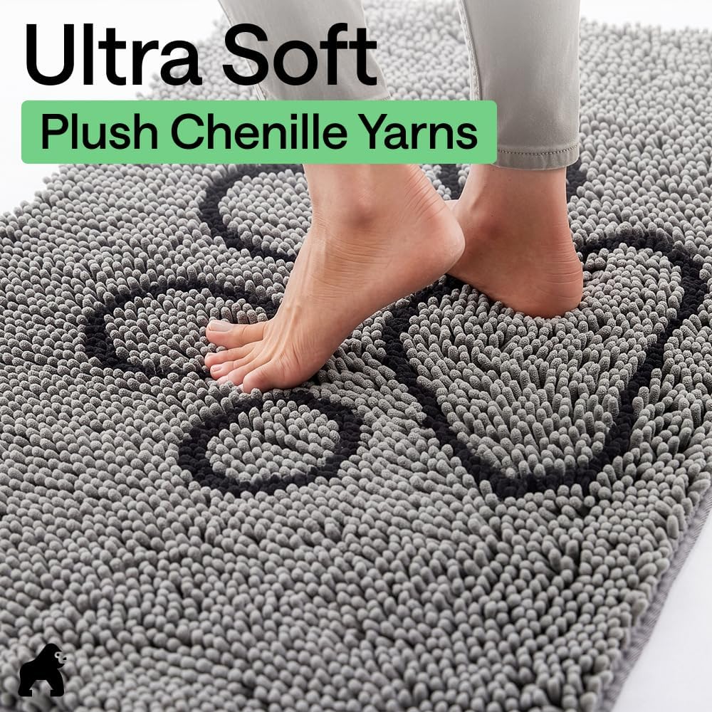 GORILLA GRIP SoakSTOPPER Dog Door Mat, 30x20 Machine Washable Rug Absorbent Doormat Captures Moisture Mud Dirt, Quick Dry Soft Chenille Entryway Rugs Indoor Entrance Mats for Dog Paws, Paw Grey