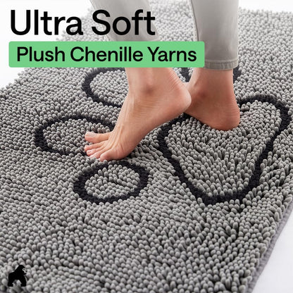 GORILLA GRIP SoakSTOPPER Dog Door Mat, 30x20 Machine Washable Rug Absorbent Doormat Captures Moisture Mud Dirt, Quick Dry Soft Chenille Entryway Rugs Indoor Entrance Mats for Dog Paws, Paw Grey