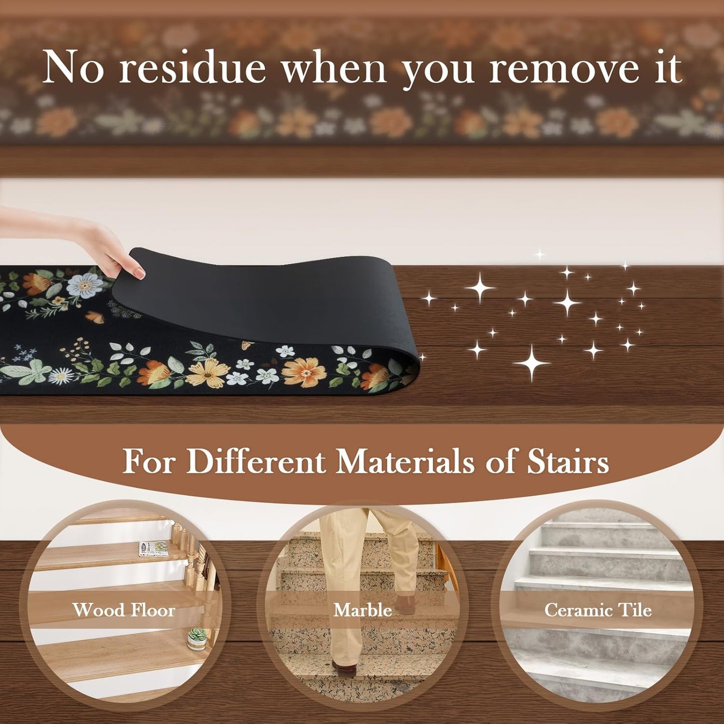 OJIA Floral Stair Treads Non-Slip Carpet Stair Treads for Wooden Steps Indoor 15PCS 30"x8" Stair Runner Stair Mats Staircase Step Treads for Kids, Elders and Dogs, Stair Covers, Black