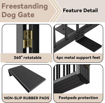 SNUOWU Full Metal Freestanding Dog Gate with Door, 32''Height Foldable Pet Dog Fence for Indoor & Outdoor, 4 Panels Extra Wide Free Standing TallDog Gates for Doorways,House,Stairs,Porch,Deck,Yard