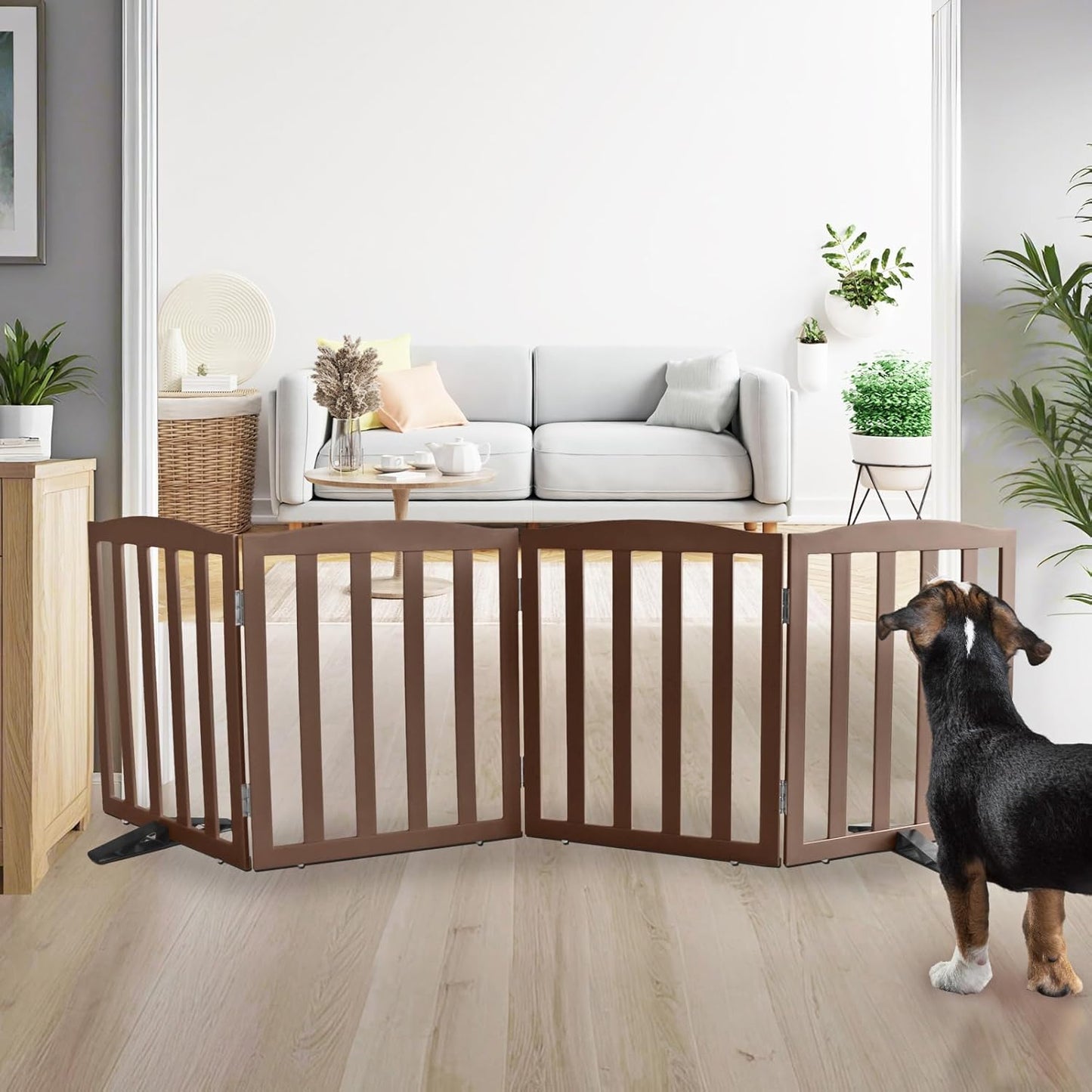 ZJSF Foldable Freestanding Indoor Dog Gate for House Wood White Long Pet Gates Dog Fence for Stairs Puppy Gates for Hallways,Pet Fence, Puppy Gate,Support Feet Included 24 "Height-3 Panels