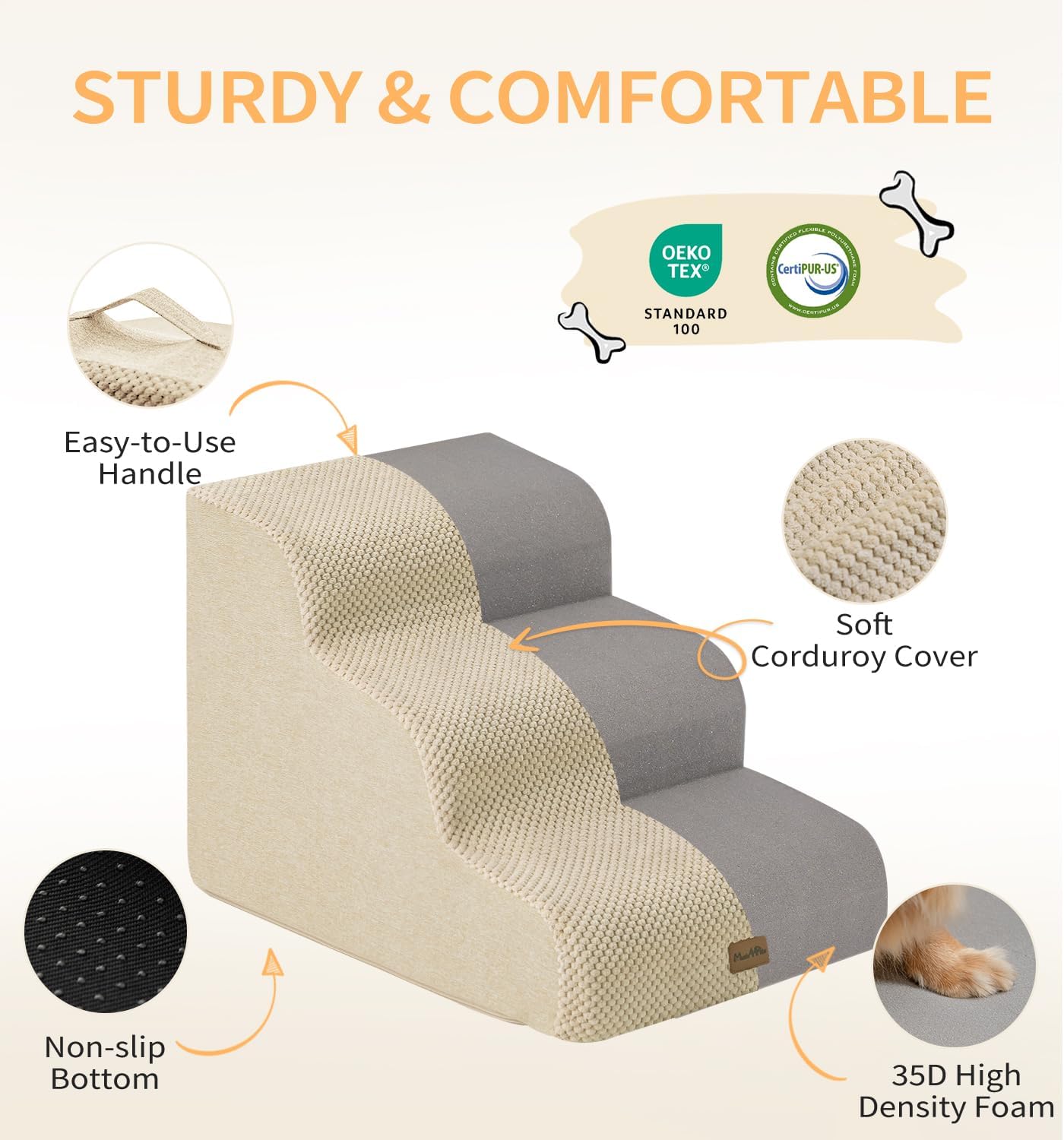 Made4Pets Dog Stairs Ramp for Small Dogs 15.7" H, 3-Step Dog Steps for Bed Couch Sofa and Chair, 35D Foam Pet Steps for Small Dogs and Cats, Non-Slip Bottom Pet Stairs, Grey