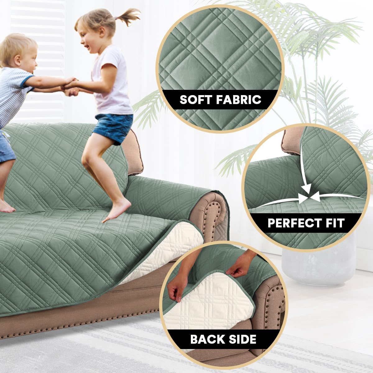 PrinceDeco 100% Waterproof Couch Cover for 3 Cushion Couch Sofa Pet Friendly Non-Slip Couch Cover for Dogs Washable Water Resistant Furniture Protector with Elastic Straps(Sofa 68", French Oak)