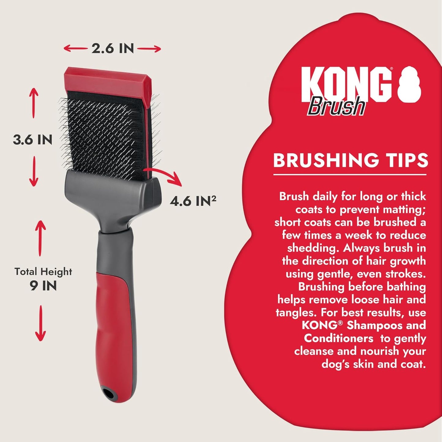 KONG Double-Sided Rake & Deshedding Tool – Detangling & Shedding Control, Rounded Metal Tips, Non-Slip Grip, for Medium to Large Dogs with Medium to Long Coats, Red/Gray