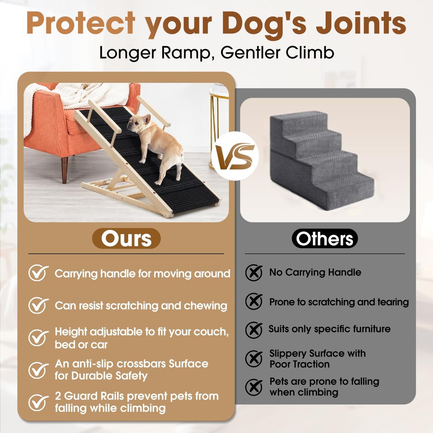 Dog Ramp for Bed - Foldable Small to Large Dog Ramp for Couch - 6 Adjustable Height from 12" to 24" - Stairs with High Traction Mat - Wooden Portable Ramp for Dogs to Get on Bed Couch Car Up to 200LBS