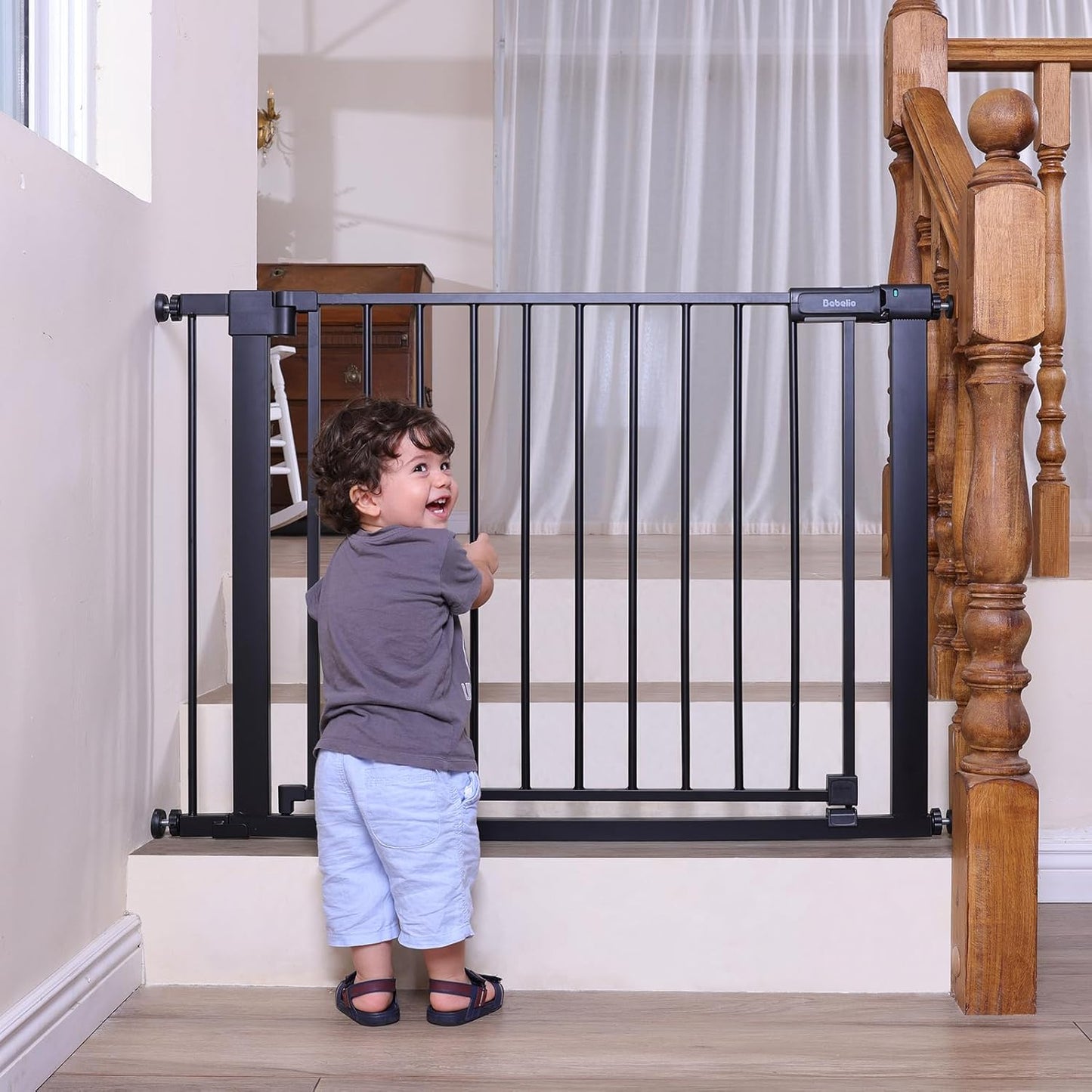 Babelio Baby Gate for Doorways and Stairs, 36-41" Pet Gate with Wide Walk Thru Door and Lock Indicator, No Drill Pressure Mounted Safety Gate with Double Lock and Self-Closing, Black