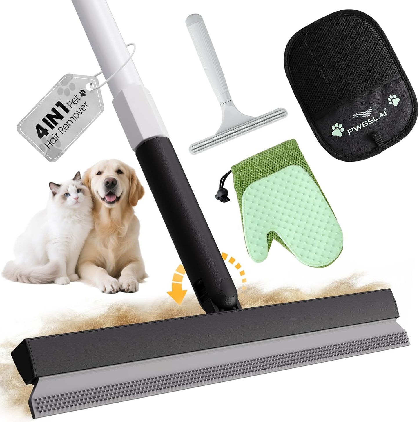 Carpet Rake for Pet Hair Removal Tool - 4 in 1 Pet Hair Remover Kit for Dog Cat Fur Remover, Contain 60" Adjustable Rubber Broom, Glove, Magic Brush and Scraper for Furniture,Short Pile Carpets, Mats