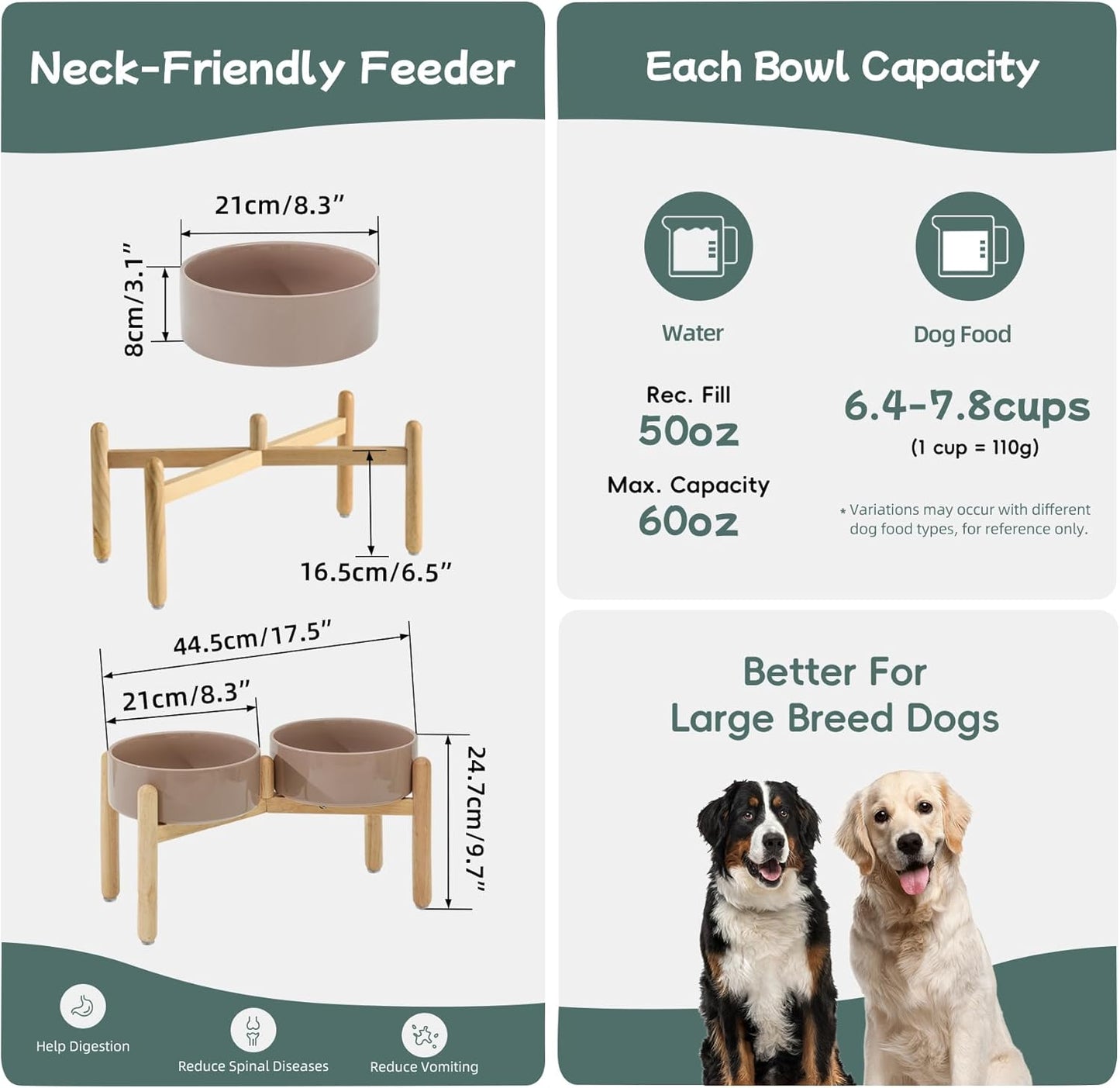 Havniva 8.3inch Ceramic Raised Dog Bowl with Stand, Elevated Dog Bowls for Large Breed Dog Food and Water Bowl Non-Slip Dog Dish Large Capacity Feeding Pet Water Bowl
