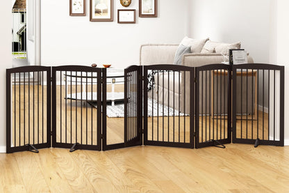 PUPETPO Freestanding Dog Gate with Door, Pet Gate for Stairs, 80 inch Wide Pet Barrier Indoor, Dog Fences Indoor, Support Feet Included, 4 Panels, 24" Tall, Dark Brown