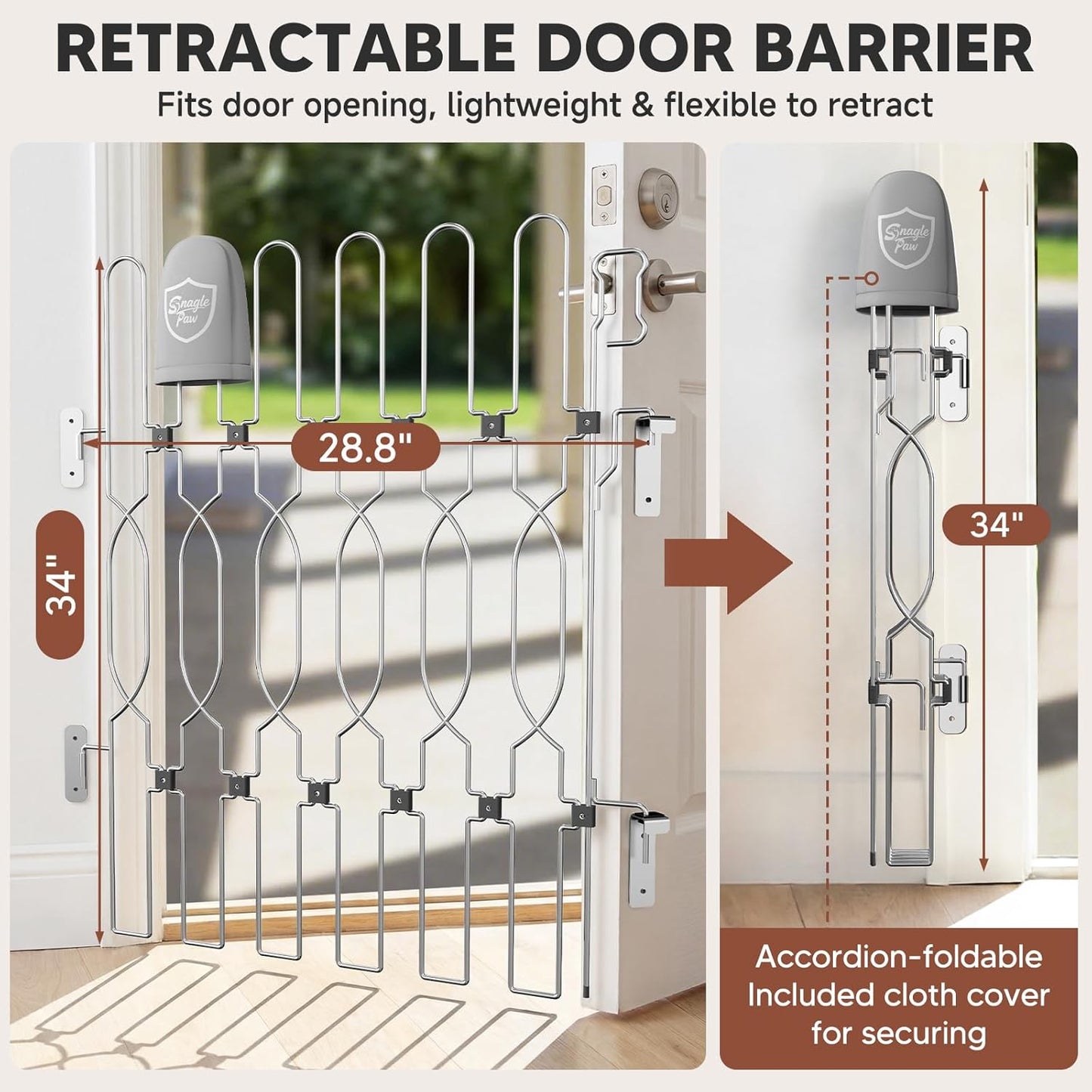 Snagle Paw Extra Tall Metal Retractable Door Barrier, 28.4" Wide 35" Tall Safety Dog Gate for Front Door,Easy Install Retractable Pet Gate for Recreational Vehicle,Doorways