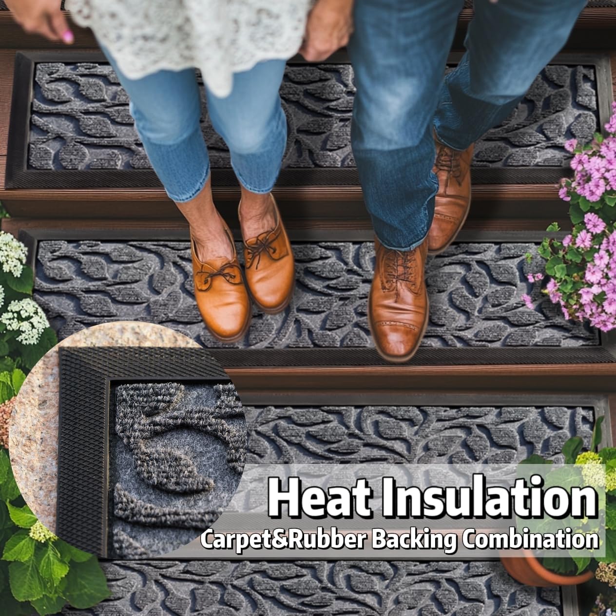 Aucuda Stair Treads Outdoor for Elders and Dogs on Wooden Steps, 30" x 8.5" (2pcs )Non Slip Stair Runner Rug Heat Insulation Rubber Backing, Gray Floral Staircase Mat Carpet for Indoor Grip Farmhouse.