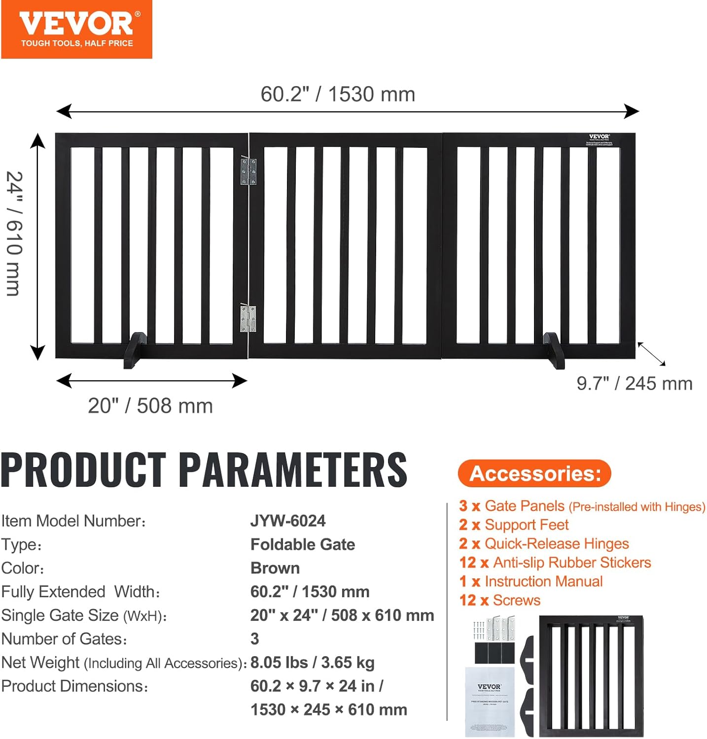 VEVOR Freestanding Pet Gate, Wooden 24" H x 80" W, 4-Panel Foldable Gate for Wide & Narrow Passageways, Expandable Dog Barrier with Silent Foot Support, White