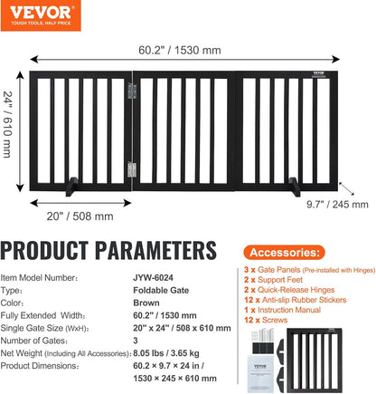 VEVOR Freestanding Pet Gate, Wooden 24" H x 80" W, 4-Panel Foldable Gate for Wide & Narrow Passageways, Expandable Dog Barrier with Silent Foot Support, White