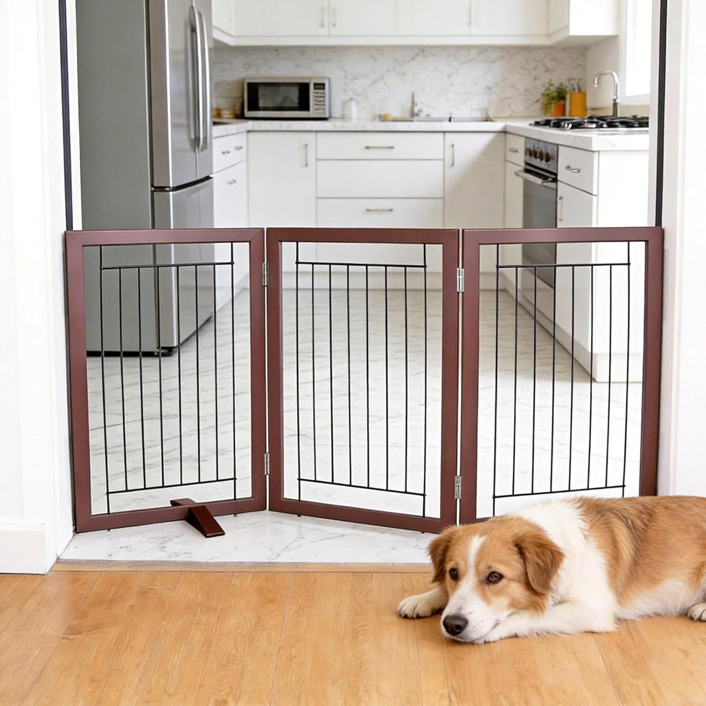 ZJSF Freestanding Dog Gate Indoor, Foldable Dog Fence for Doorways,Hallways or Stairs, Sturdy Wood Extra Wide Pet Gate with Support Feet,Black,24 "Height-3 Panels