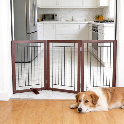 ZJSF Freestanding Dog Gate Indoor, Foldable Dog Fence for Doorways,Hallways or Stairs, Sturdy Wood Extra Wide Pet Gate with Support Feet,Black,24 "Height-3 Panels