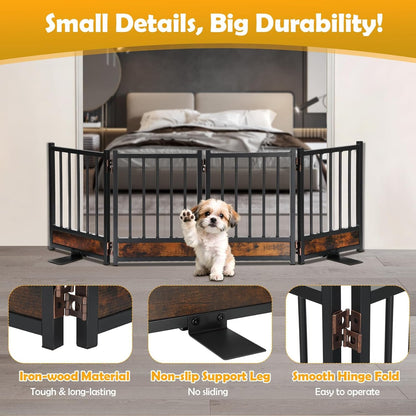 Freestanding Short Dog Gate, 16" Tall Pet Gate Indoor with Support Feet Easily Step Over, 4 Panel Metal Wood Foldable Pet Dog Gate, Up to 48" Wide Puppy Fence, Puppy Gate for for Doorway&Hallway Black