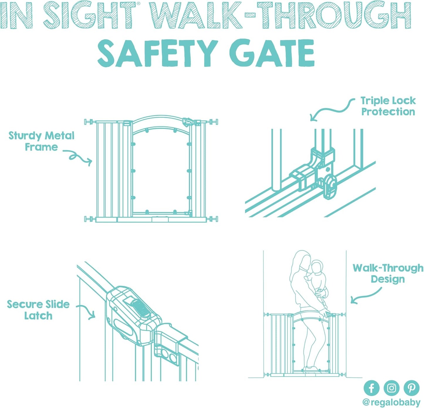Regalo Safety 30.5-58" Extra Wide Arch Baby Gate with Door, Pressure Mount Walk Through Gate for Doorways & Bottom of Stairs, Babies, Toddlers & Pets, Tested & Safe, American Designed, American Owned