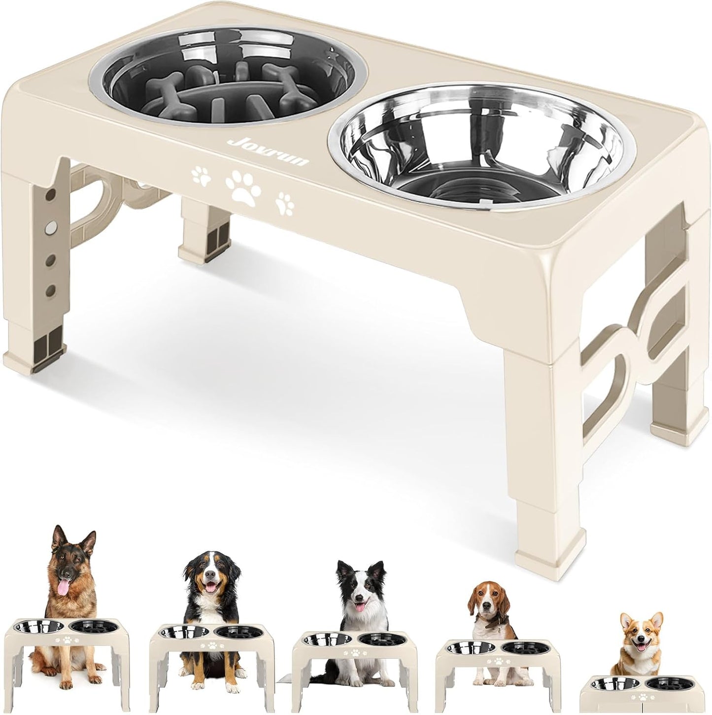 Jovrun Elevated Dog Bowls for Small Dogs and Cats, Non-Slip Cat Bowls with 2 Thick 5.5" Stainless Steel Dishes, Dog Feeder 2 Heights Adjustable to 2.6"-5.3"