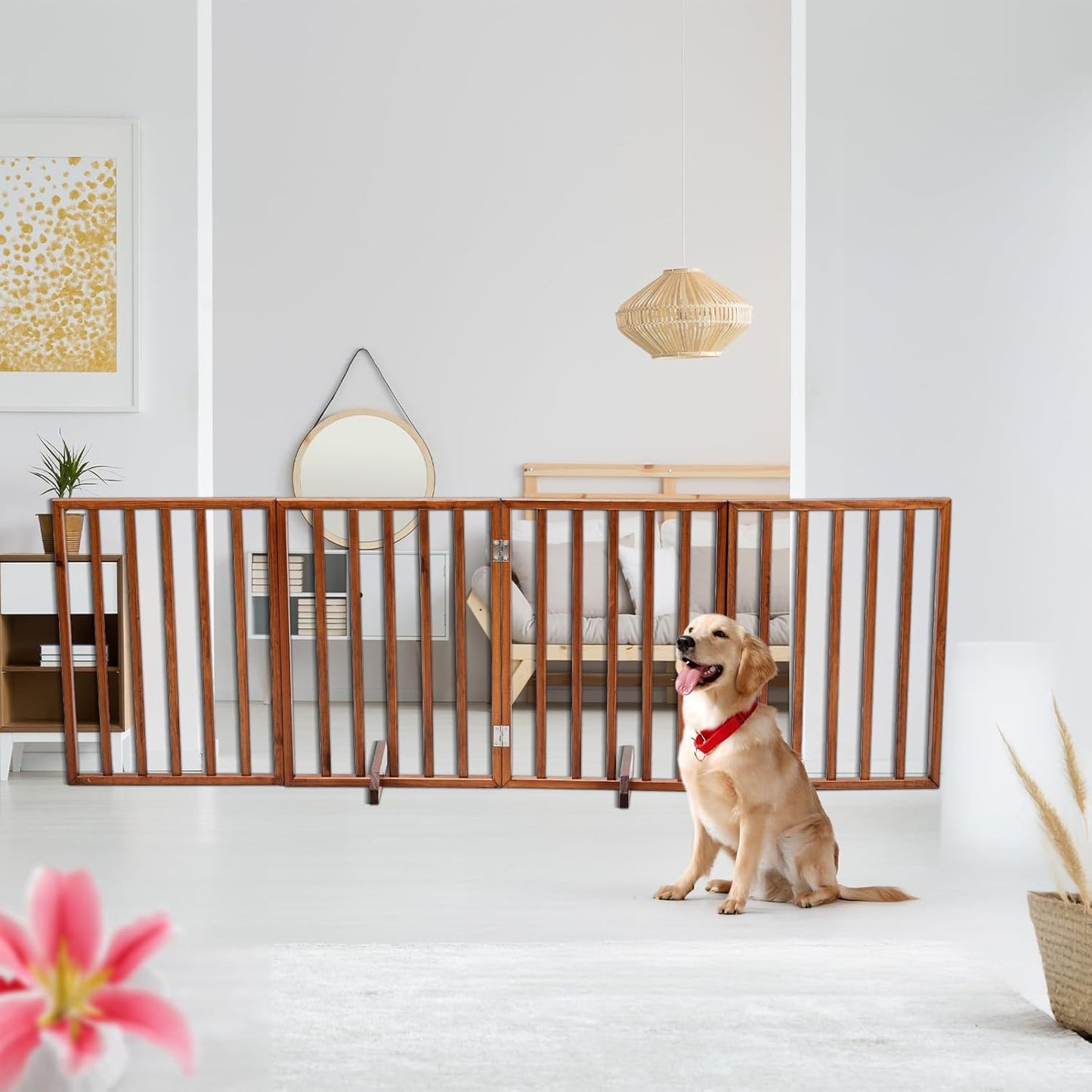 BONNLO Free Standing Dog Gate Indoor, Foldable Pet Gate for Dogs and Puppy, 24" Height Wooden Dog Gates for Doorways Extra Wide/Stairs/Hallways (Walnut, 3 Panel)