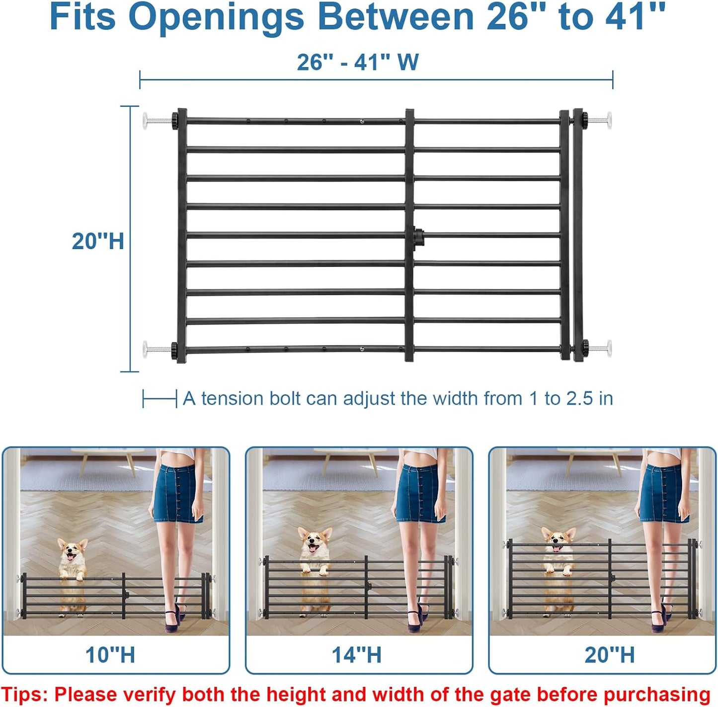 Malier Indoor Dog Gate with Door, 26-41" Extra Wide Full Metal Pet Gate Short Dog Gate for Stairs, Pressure Mount 10'' Tall Small Puppy Low Gate Easy Step Over for Doorways