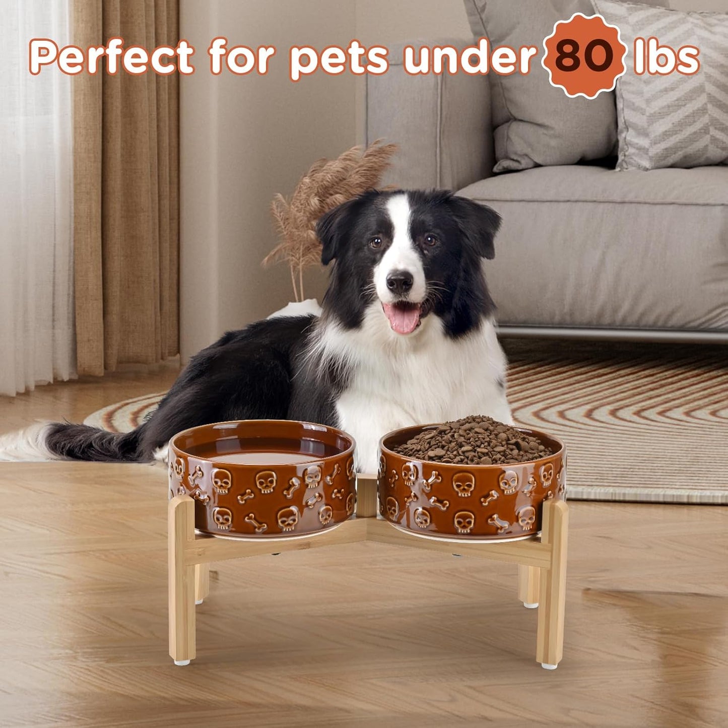 SPUNKYJUNKY Elevated Dog Bowls Ceramic, 6.1'' Dogs and Cat Food Water Bowls Raised with Non-Slip Bamboo Stand for Medium Sized Breed Microwave Dishwasher Safe - 28.7 OZ,Beige