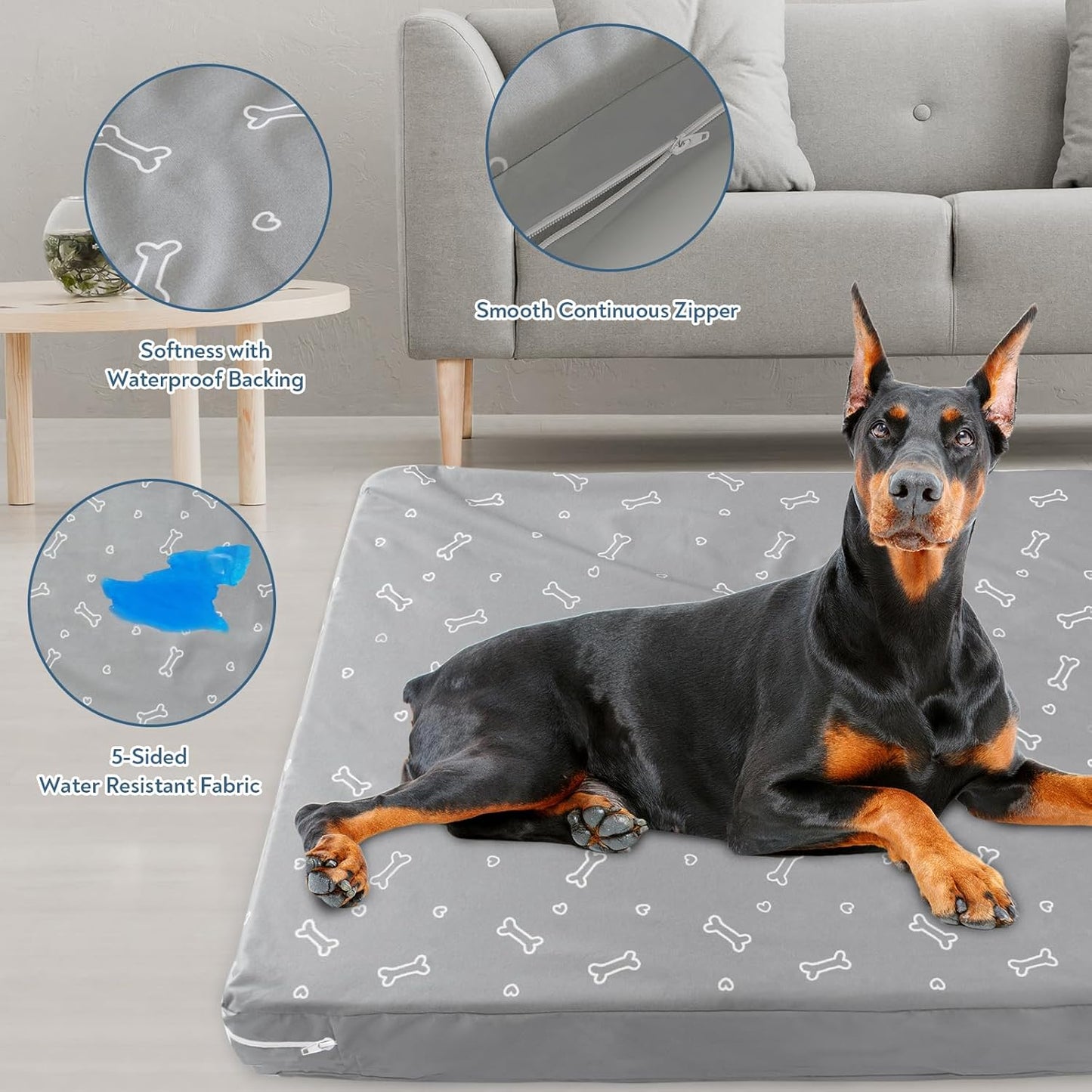 Waterproof Dog Bed Cover, Removable Dog Bed Covers Replacement Washable with Smooth Zipper, Indoor/Outdoor, Bone Print 27 x 36 x 4 Inch for Dog/Cat, Cover Only