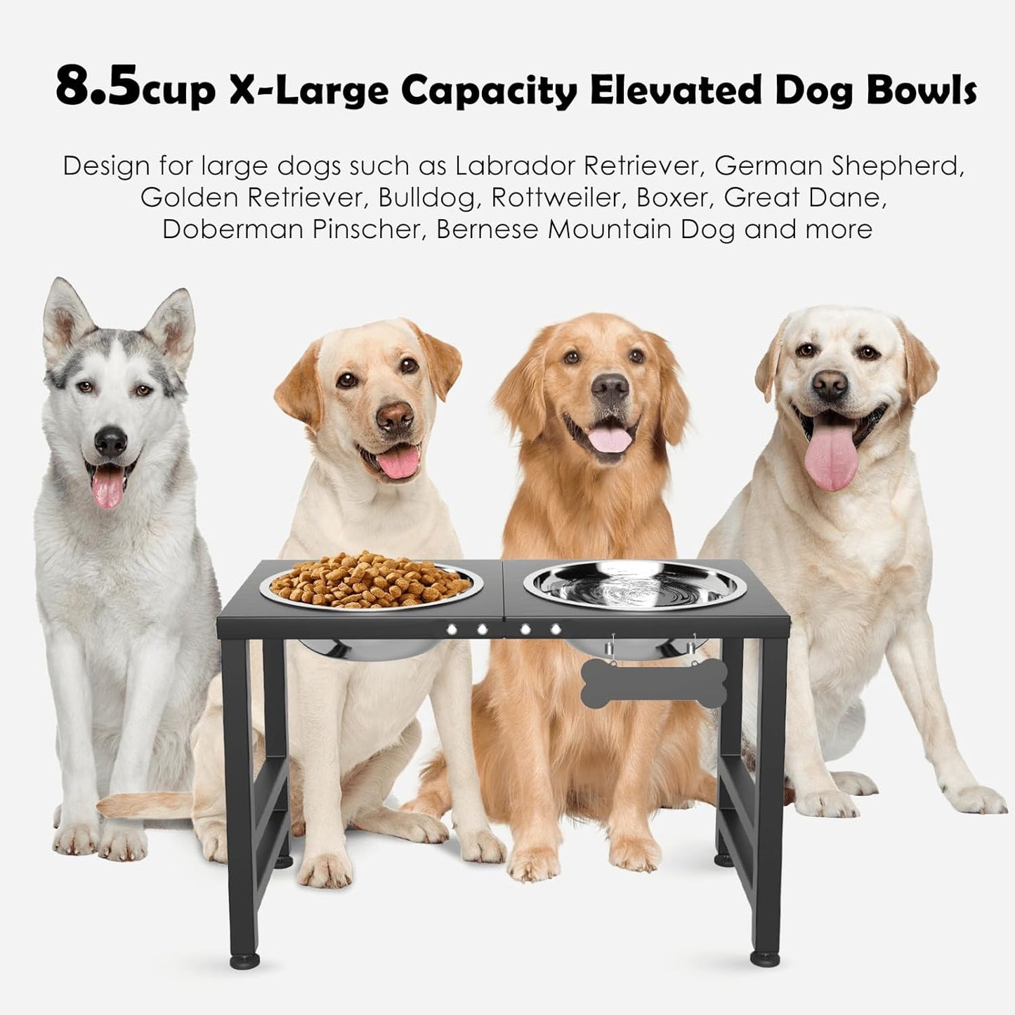 ADENGL Elevated Dog Bowls, 10" Tall Height, Raised Bowl Stand with 2 Stainless Steel Food Feeder Bowls (58oz) and Spill-Proof Mat for Medium Large and Small Breeds