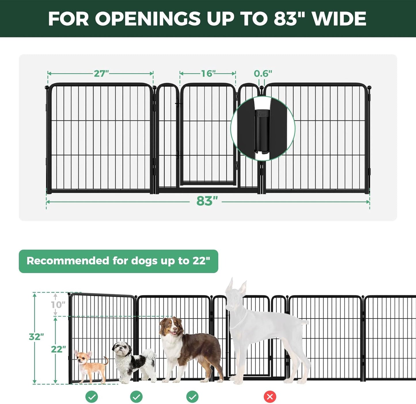 FXW Dog Gate Extra Wide Designed for Indoor Use, Adjustable Width Up to 183-inch Wide (24" H 8 Wire Panels for Puppies and Small Dogs), Black