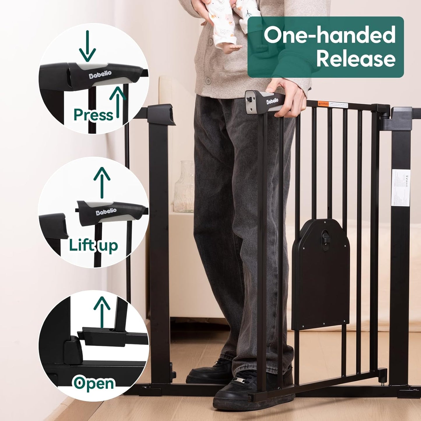 Babelio 36" Tall Auto Close Baby Gate with Small Cat Door, 29-43" Metal Cat Gate for Doorway, Stairs, House. Easy Walk Thru Dog Gate with pet Door, Includes 4 Wall Cups and 3 Extension Pieces, Black