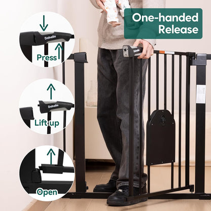 Babelio 36" Tall Auto Close Baby Gate with Small Cat Door, 29-43" Metal Cat Gate for Doorway, Stairs, House. Easy Walk Thru Dog Gate with pet Door, Includes 4 Wall Cups and 3 Extension Pieces, Black