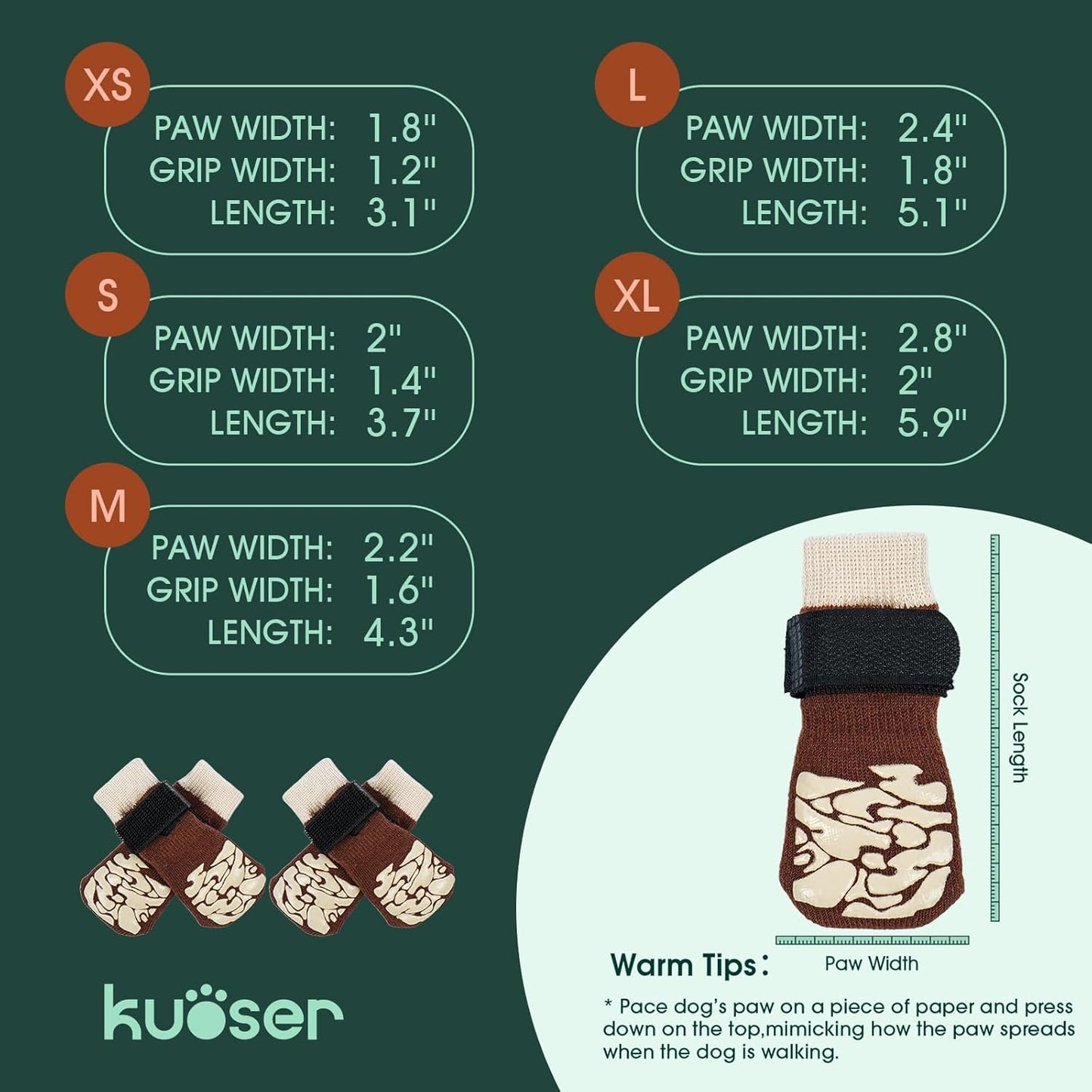 Kuoser Non-Slip Dog Socks, 2 Pairs Socks to Prevent Licking Paws, Paw Protectors for Hot Pavement, Hardwood Floors, Traction Control for Small, Medium, Large Dogs