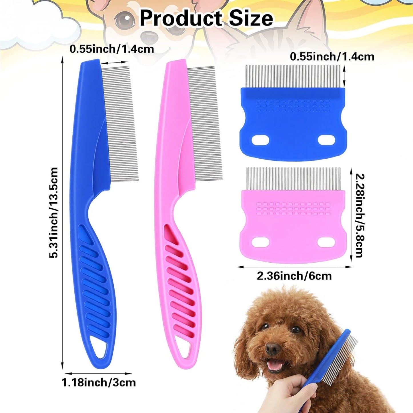 4 Pcs Pets Grooming Comb Kit Professional Stainless Steel Tear Stain Remover & Flea Lice Comb For Small Dogs Cats Pets Puppy Tick Grooming And Removing Knots Crust Mucus