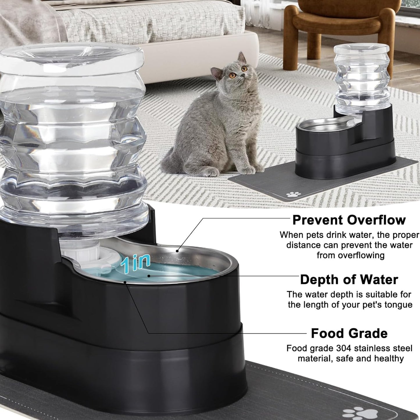 RIZZARI 8L Elevated Pet Water Dispenser – Stainless Steel Gravity Waterer with Auto-Refill Design for Medium and Large Dogs & Senior Pets -Comfortable Drinking Height for Living Rooms,Multi-Pet Homes