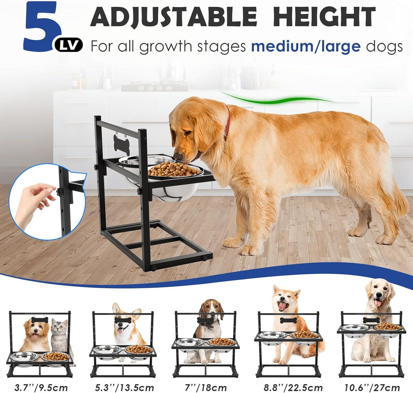ADENGL 1.6 Gallon Elevated Dog Water Bowl for Large Dogs, 4-Height Adjustable (13–18'') Raised Stainless Steel Bowl with Spill-Proof Mat & Sturdy Metal Stand, Easy-Clean Feeder for Indoor/Outdoor Use