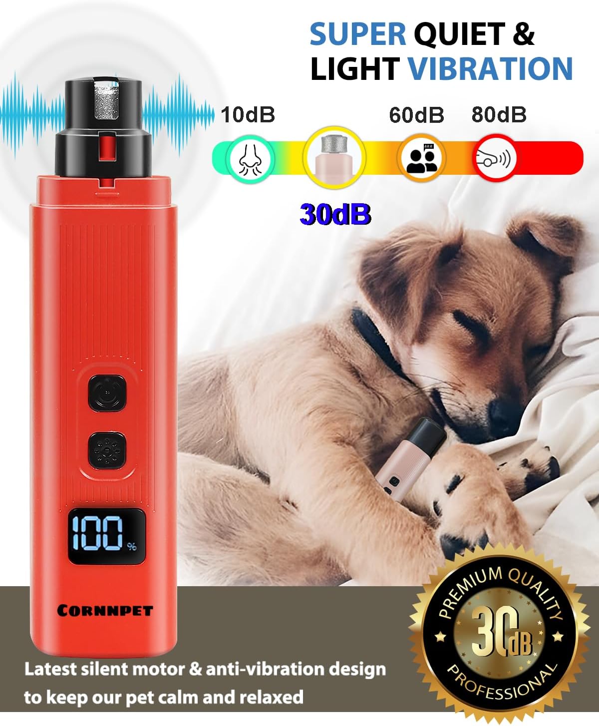 Electric Dog Nail Grinder with 2 Level LED Lights, 2 Speed 30dB Super Quiet and Low Vibration Turbo Charge Pet Nail Grinder for Small Dogs and Cats - White