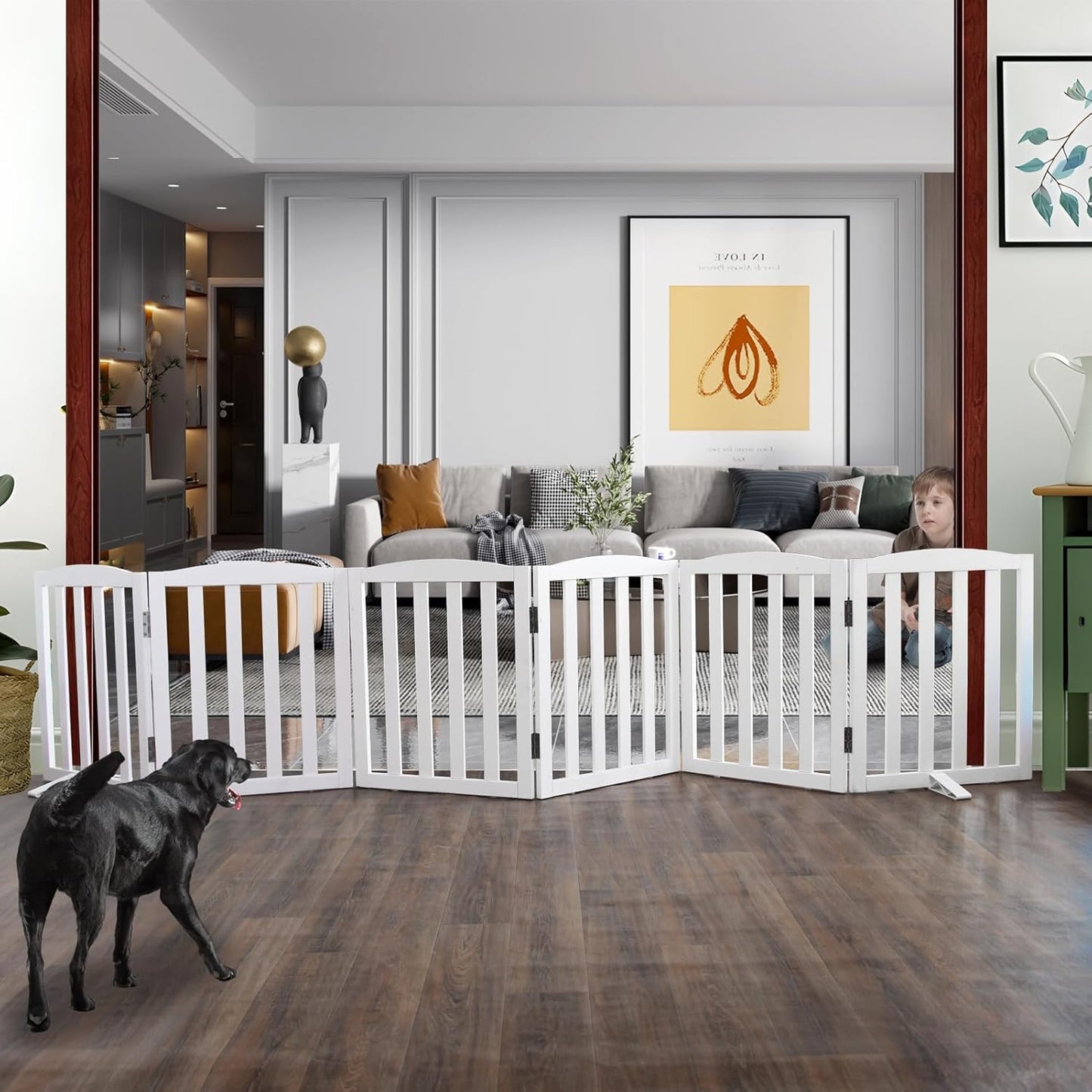 ZJSF Foldable Freestanding Indoor Dog Gate for House Wood White Long Pet Gates Dog Fence for Stairs Puppy Gates for Hallways,Pet Fence, Puppy Gate,Support Feet Included 24 "Height-3 Panels