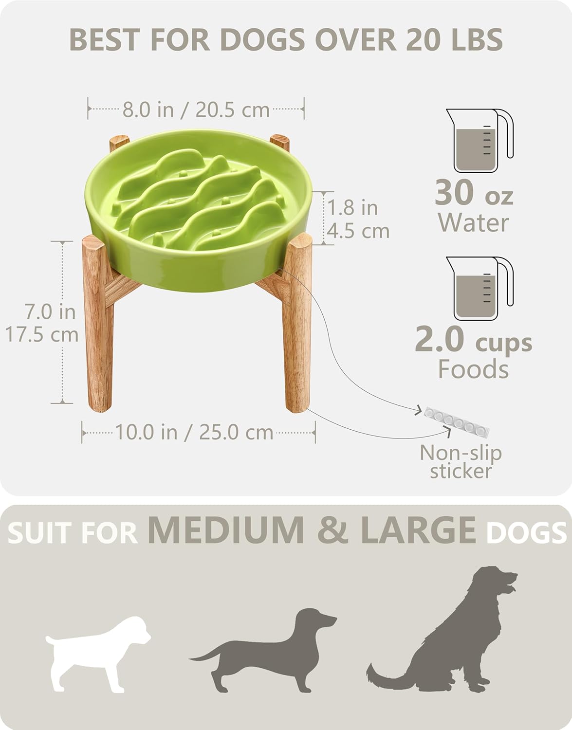 Ceramic Slow Feeder Dog Bowls for Medium and Large Dogs, 2.0 Cups Dog Slow Feeder for Fast Eater, 30oz, 8in, White